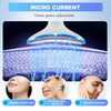 Micro current beauty device demonstrating skin nourishment, elasticity increase, and tightening effects on the face.