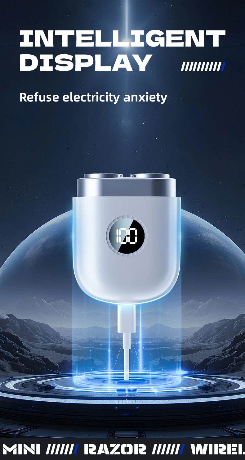 A close-up of a sleek, silver electric beard shaver with a glowing blue light, set against a dark, futuristic background.