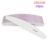 A set of 10 professional grit nail files, including 180/240 and 90/240 grits, shown in white and purple stripes.