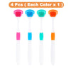 Cuatro raspadores de lengua de silicona en colores rosa, azul, verde y naranja mostrados uno al lado del otro.