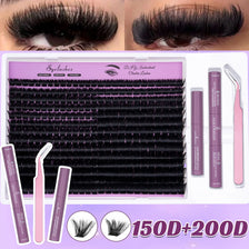 DIY lash extension kit showing black cluster lashes, glue, and tweezers for individual lash application.