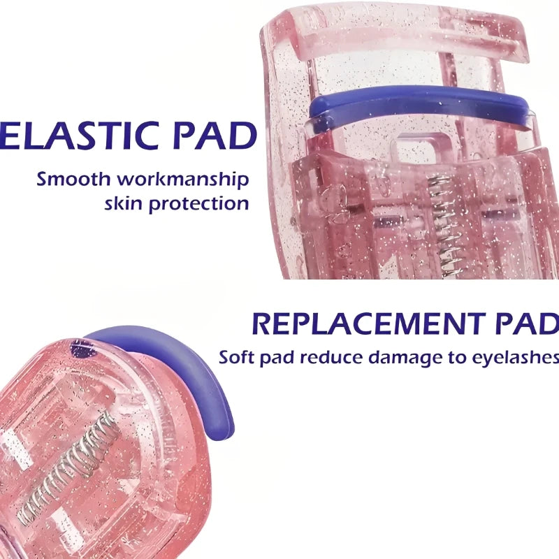Close-up view of a pink eyelash curler with an elastic pad and replacement pad.