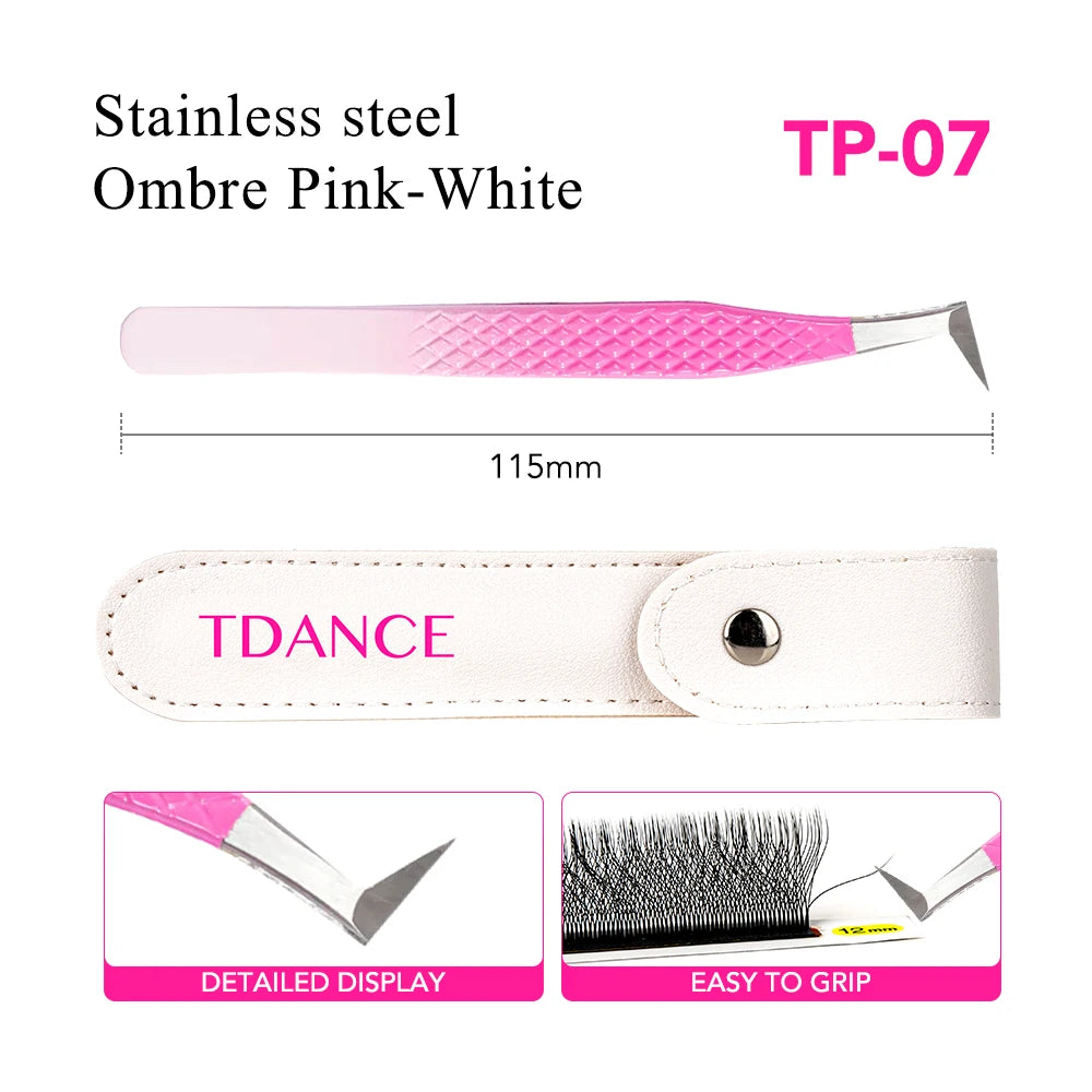 Pince à cils en acier inoxydable ombre rose-blanc avec poignée TDANCE et détails de présentation