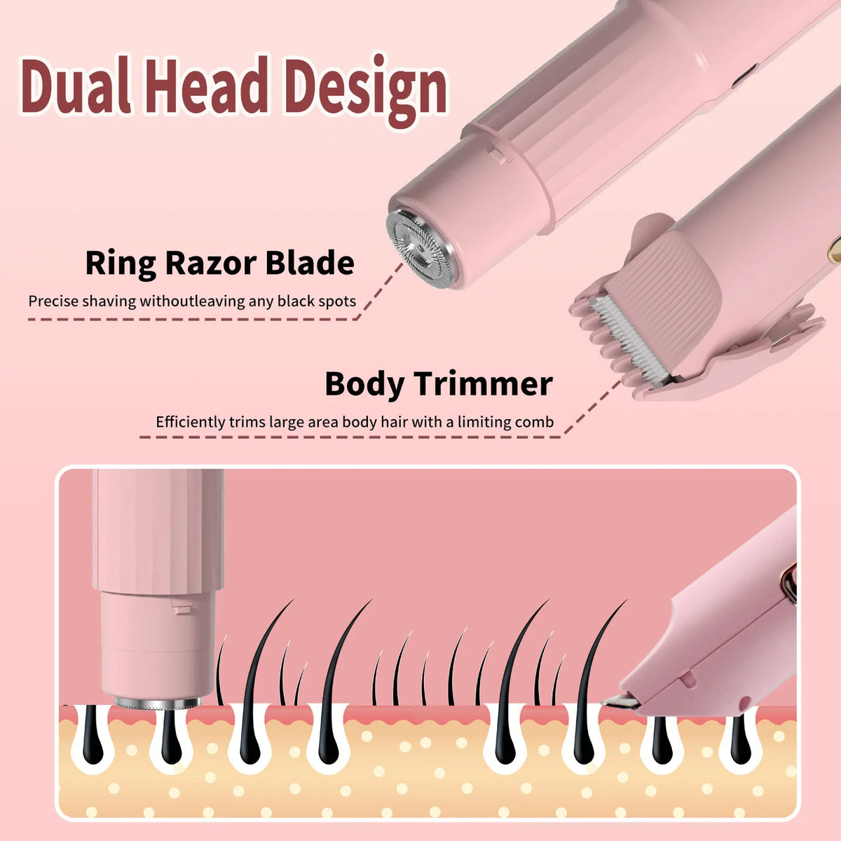 Cortador eléctrico de cuerpo rosa de doble cabezal mostrando las cuchillas y accesorios de recorte corporal