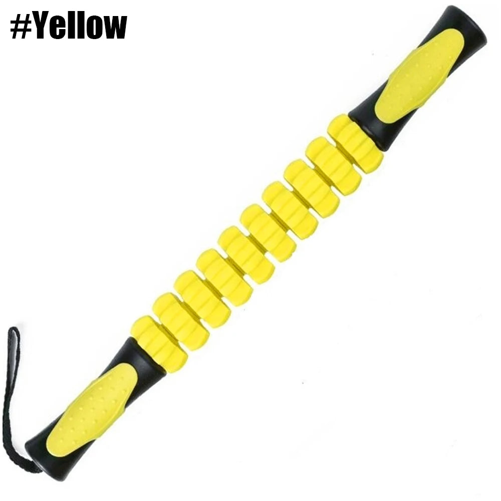 A yellow and black manual muscle roller stick used for deep tissue massage and recovery.