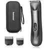 A black electric body hair trimmer with a protective case and detachable ceramic blades shown in various views.