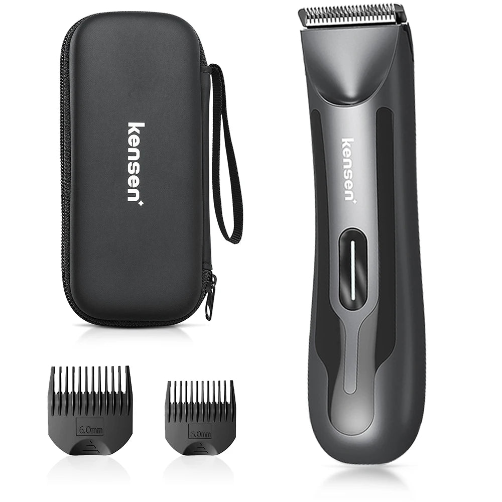 A black electric body hair trimmer with a protective case and detachable ceramic blades shown in various views.