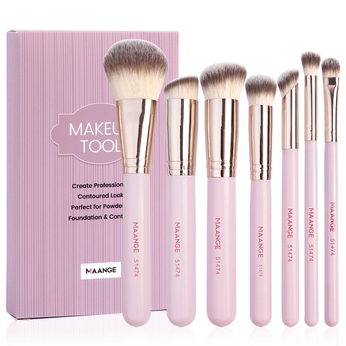 A set of seven pink makeup brushes with gold ferrules displayed next to their packaging box.