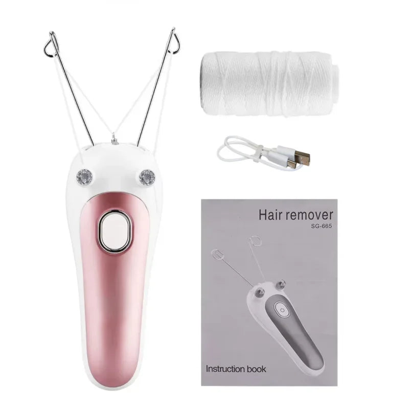 A white electric hair remover device with a pink body and a coiled white hair removal thread.