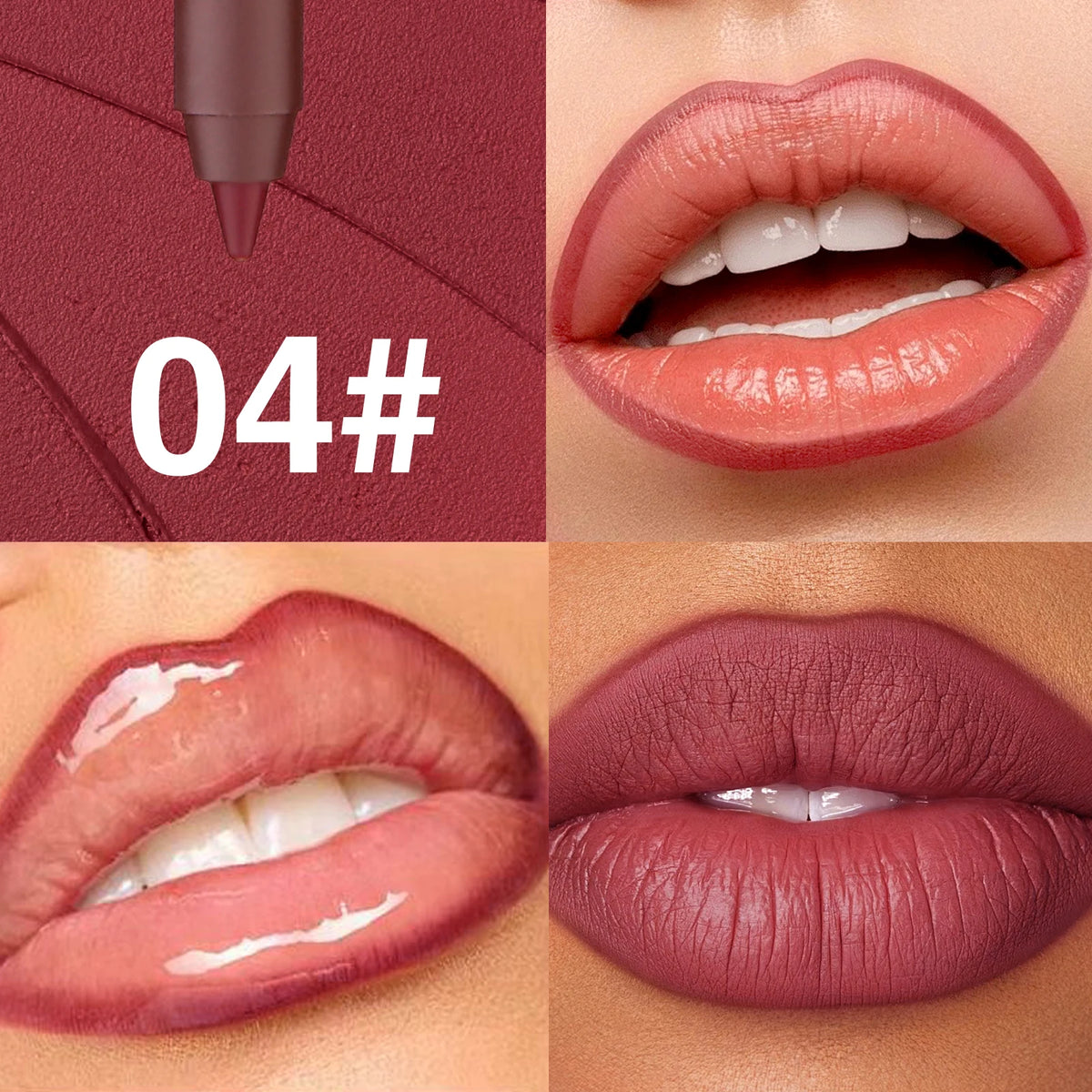 Close-up of a lip liner pencil in shade 04, showing application and finished lip color.