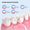A dental cleaning device is shown spraying water onto a tooth, illustrating benefits like removing tartar and plaque.