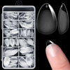 A clear plastic case holding twelve translucent half cover almond press-on fake nails, shown next to a finger.