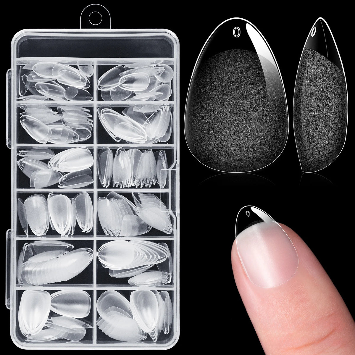 A clear plastic case holding twelve translucent half cover almond press-on fake nails, shown next to a finger.
