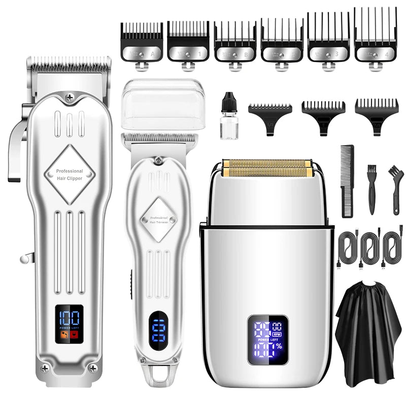 A set of three professional electric hair clippers and shavers for men displayed in silver and black.