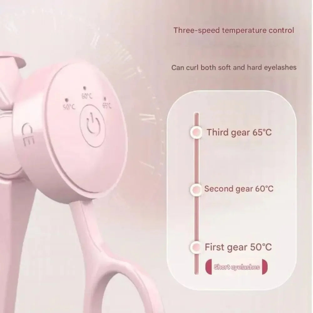 A pink frameless heated eyelash curler with a temperature control dial and a display showing three gears for different temper