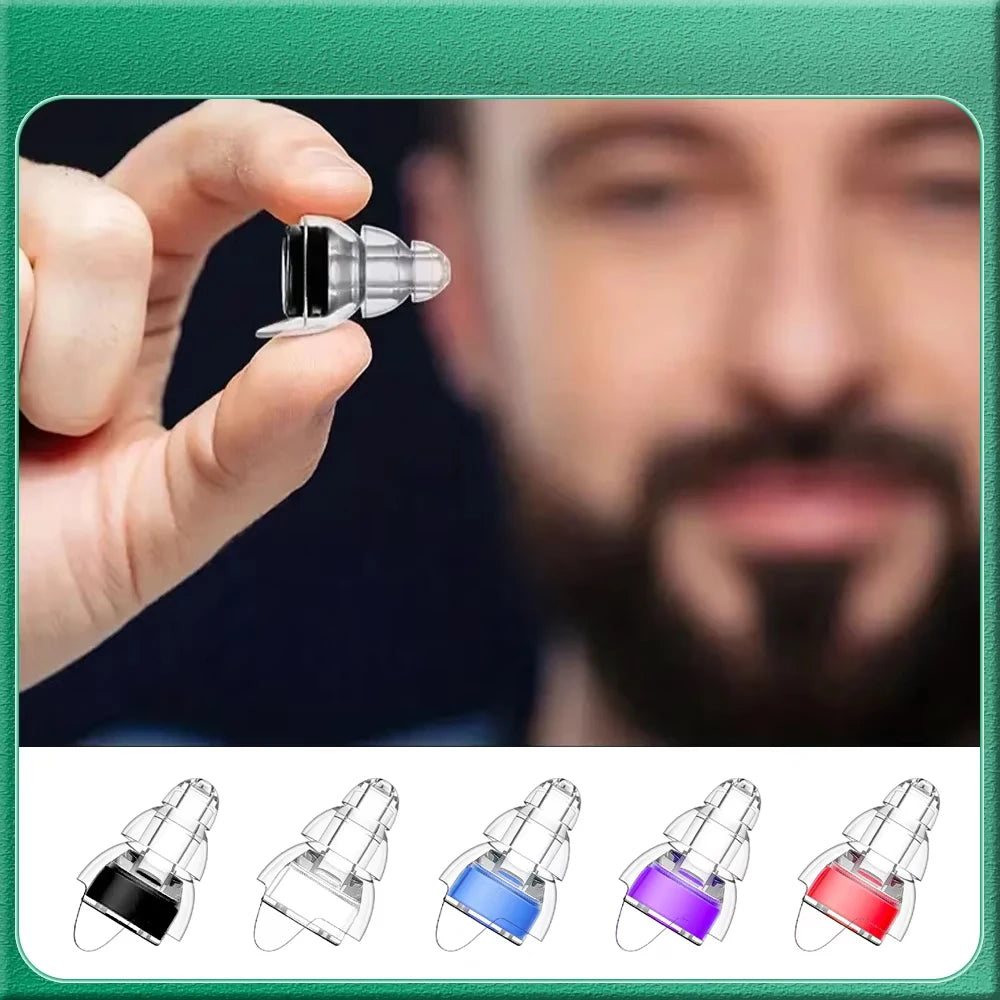 A hand holds a silicone earplug and various colored high fidelity silicone earplugs with storage cases.