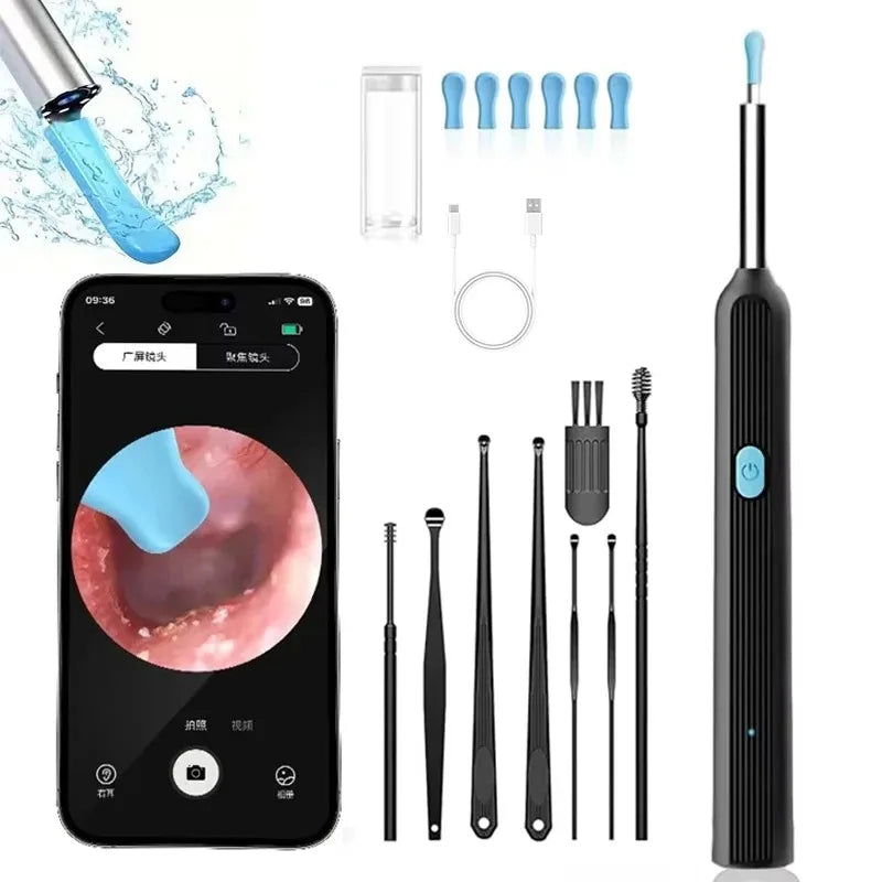 An HD ear wax removal kit featuring a camera and various tools for cleaning the ear.