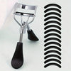 A professional stainless steel eyelash curler set with black silicone pads shown against a light background.