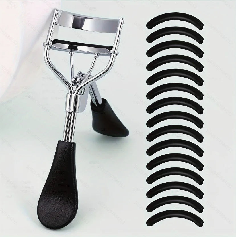 A professional stainless steel eyelash curler set with black silicone pads shown against a light background.