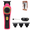Pink professional cordless hair trimmer with LED display and multiple guard attachments