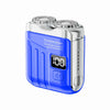 A silver and blue portable shaver with double blades showing a battery level of 100%