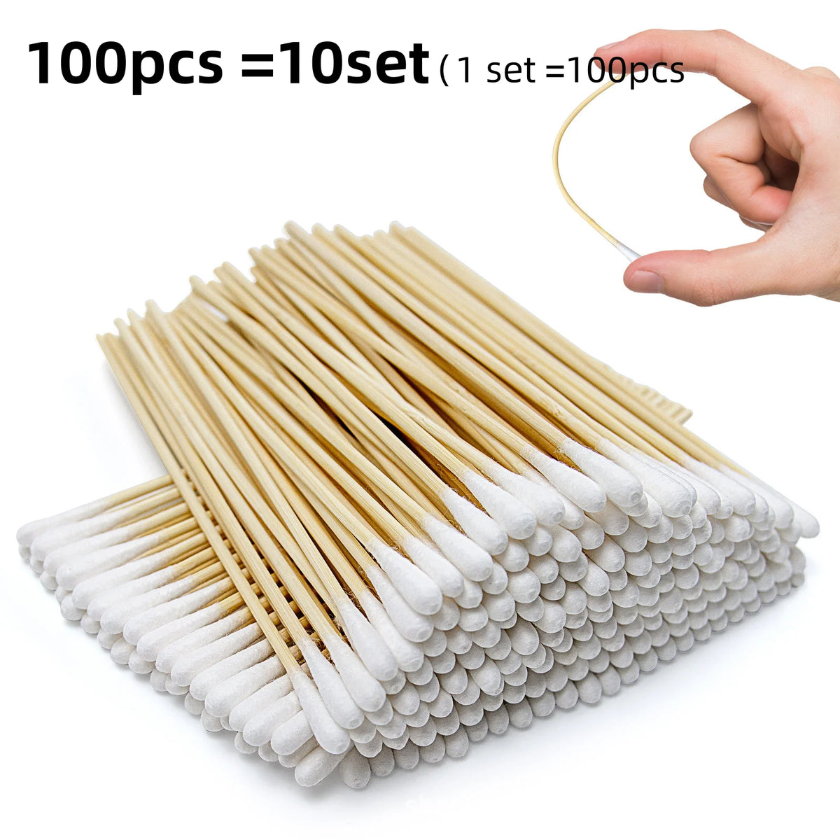 A pile of 100 precision wooden cotton swabs, packaged in sets.