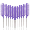 A set of purple professional rat tail combs and detangling brushes with metal tips.