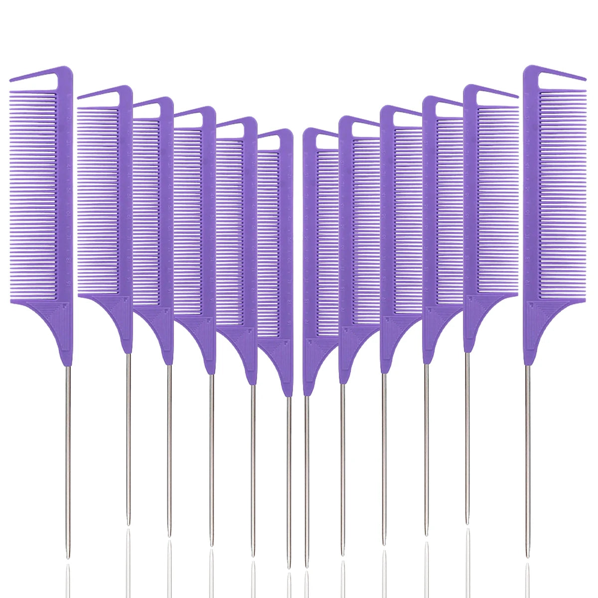 A set of purple professional rat tail combs and detangling brushes with metal tips.