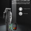 A black electric hair trimmer with a smart display showing remaining power and reminders for charging and oil.
