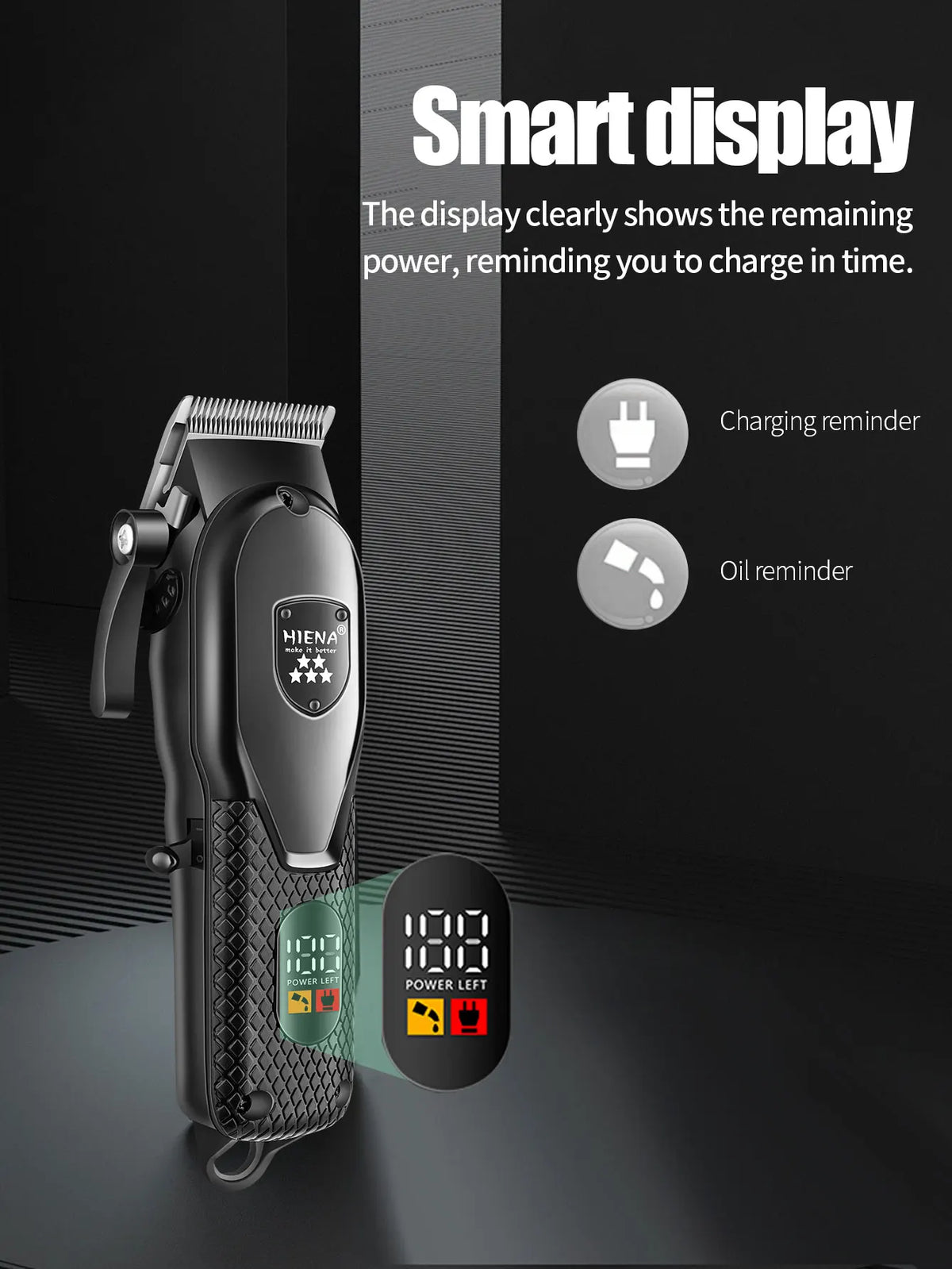 A black electric hair trimmer with a smart display showing remaining power and reminders for charging and oil.