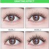 Comparison of two models of grafted eyelash extensions showing the effect on the eye.