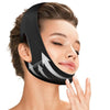 A woman is shown wearing a black adjustable face slimming strap for jawline contouring.