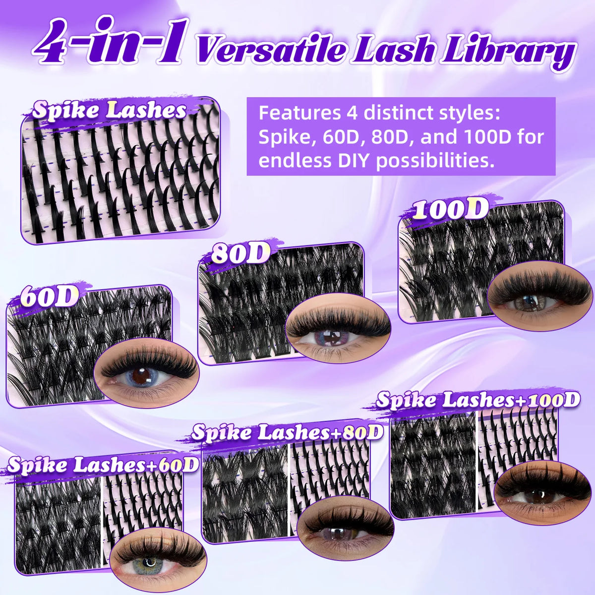 Set von vier Wimpernstile (Spike, 60D, 80D, 100D) für DIY-Verwendung.