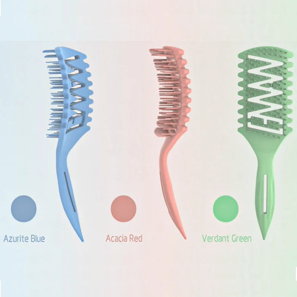 Three hair brushes in Azure Blue, Acacia Red, and Verdant Green displayed vertically.