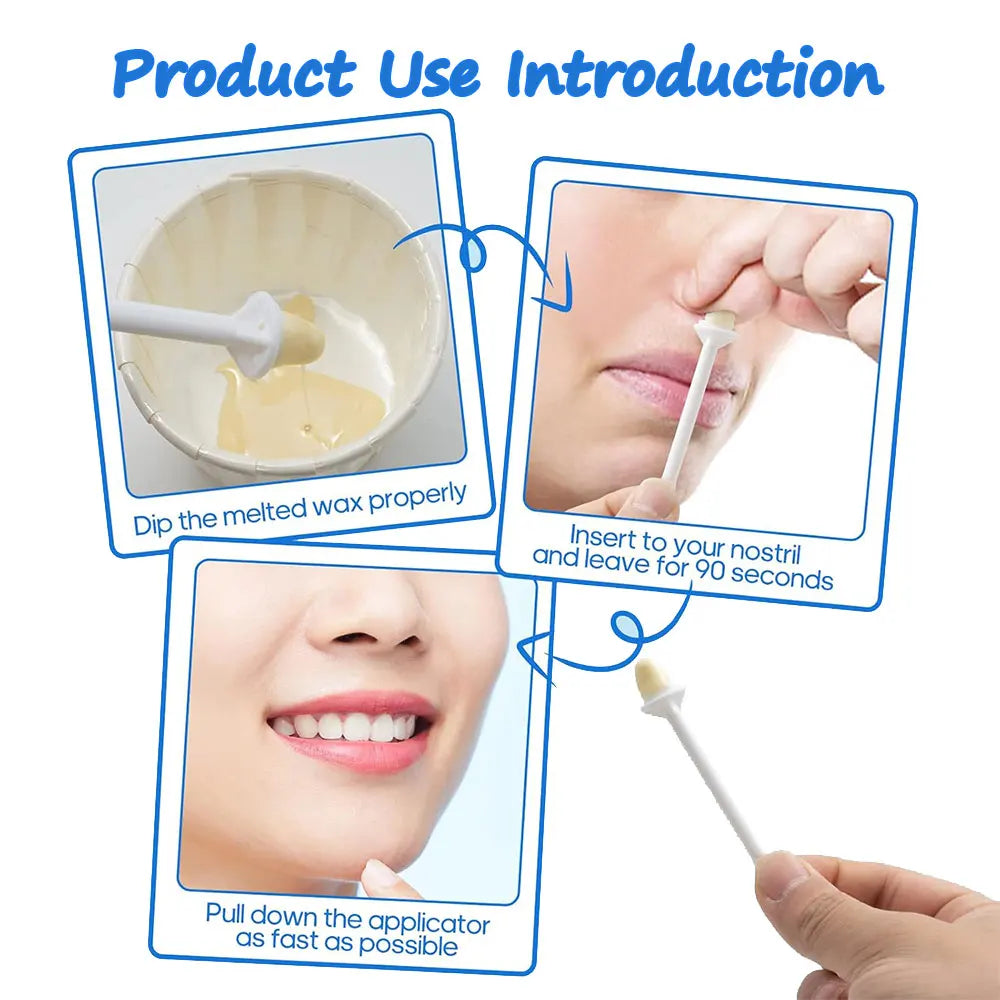 Instructions for using a painless nose hair removal wax kit, showing dipping the wax and inserting it into the nostril.