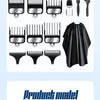 A collection of professional electric hair clipper and shaver tools including various combs, guards, and attachments.