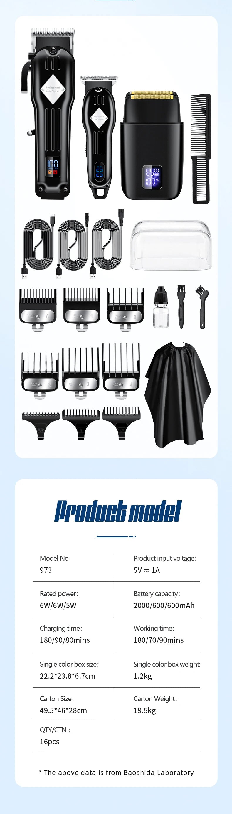 A collection of professional electric hair clipper and shaver tools including various combs, guards, and attachments.