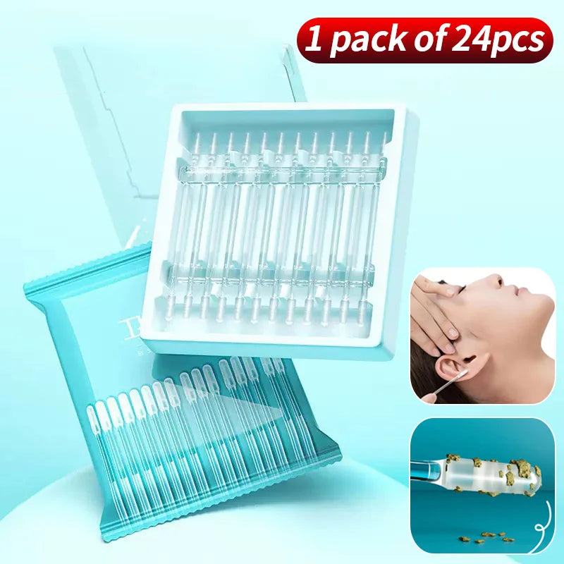 A pack of 24 gentle ear wax removal sticks in a white plastic container with an example of the product being used on an ear.