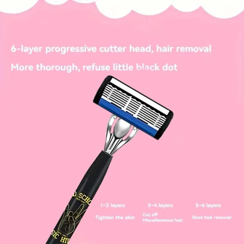 A close-up of a black and blue electric shaver head with a silver metal attachment, demonstrating a 6-layer progressive cutte