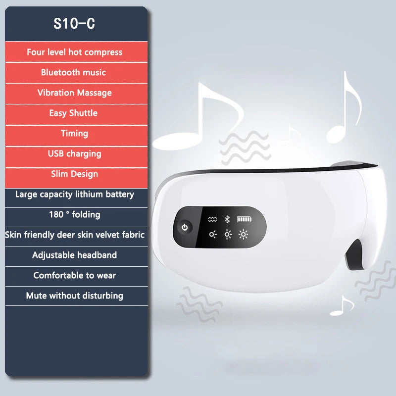A white smart eye massager device shown with various features listed on a side panel.