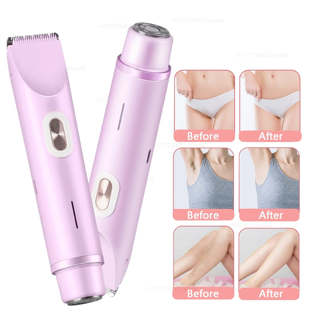 A pink 2-in-1 electric body hair trimmer shown with before and after results for skin smoothing.