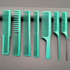 A set of seven teal plastic hair styling combs with varying tooth sizes displayed in a row.