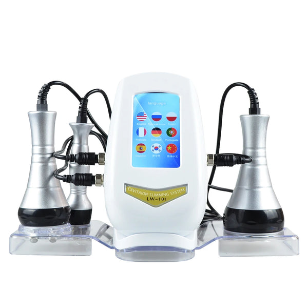 A white ultrasonic body sculpting device with multiple language options and power cords.