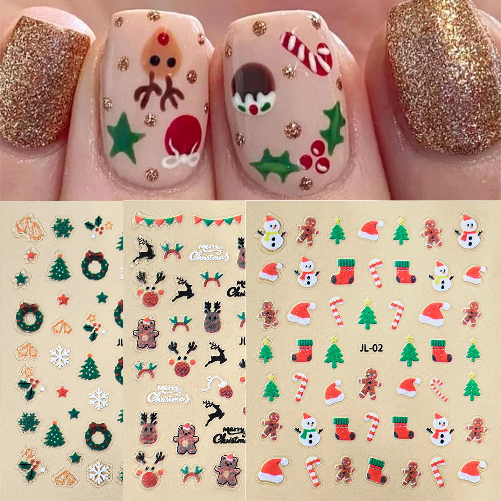 Christmas Santa Claus 3D nail art stickers with glitter designs featuring festive holiday characters and patterns