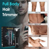 A professional electric body hair trimmer is shown with various close-up shots demonstrating its use on legs, groin, chest, a