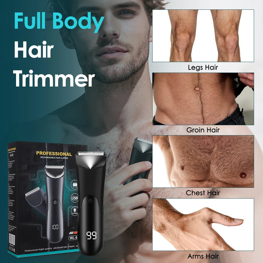 A professional electric body hair trimmer is shown with various close-up shots demonstrating its use on legs, groin, chest, a