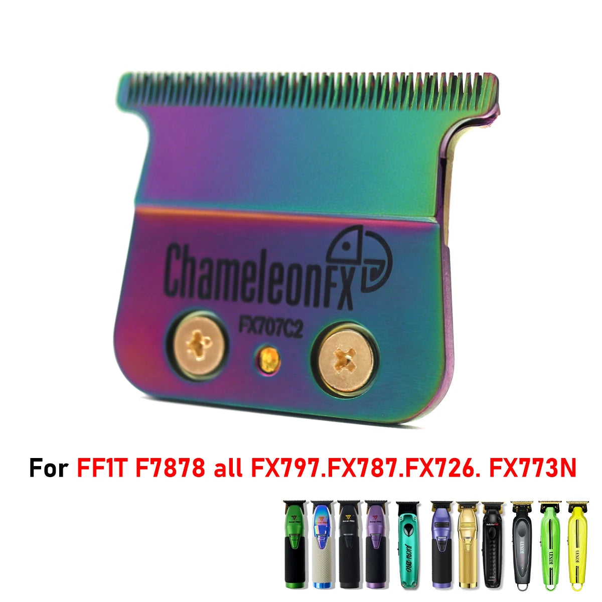 A close-up of a ChameleonFX barber trim knife with a purple and green gradient finish.