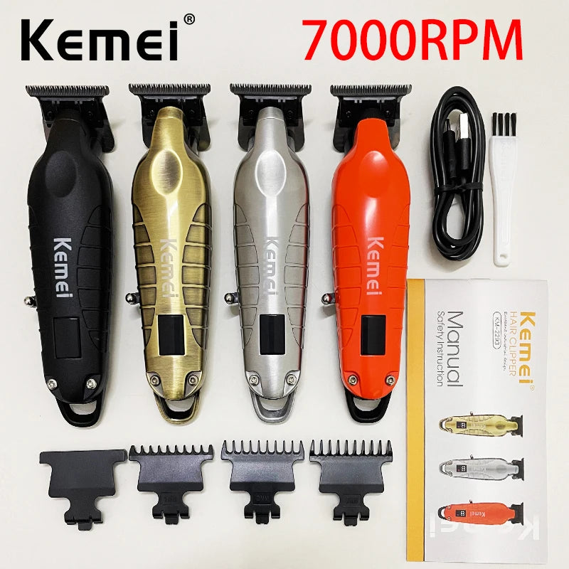 A set of Kemei professional rechargeable electric hair clipper trimmers and attachments shown on a white background.