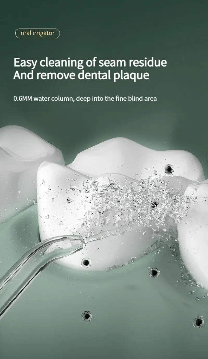 A white oral irrigator device is shown spraying water into a fine blind area to clean seam residue and dental plaque.