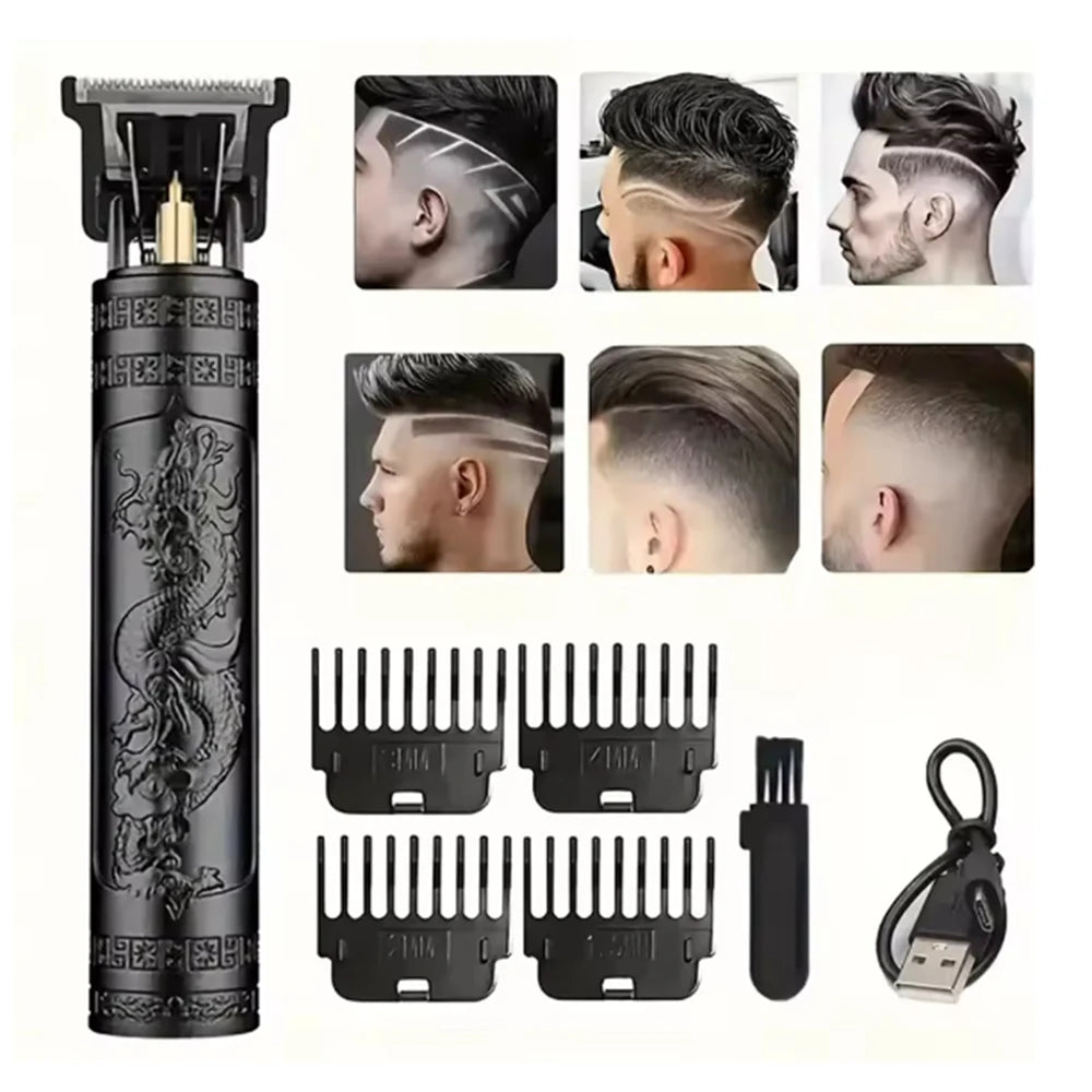 A set of professional cordless hair trimmers and attachments for grooming.